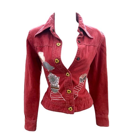 Roncelli Vintage 1970s Novelty Train Appliqué Denim Jacket Top Wearable Art Sz S - Picture 7 of 16